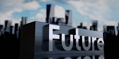 Future - metal cuboid and skyscrapers - 3D illustrationの写真素材