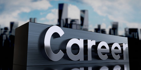 Career - metal cuboid and skyscrapers - 3D illustrationの写真素材