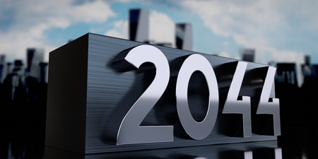 2044 - metal cuboid and skyscrapers - 3D illustrationの写真素材