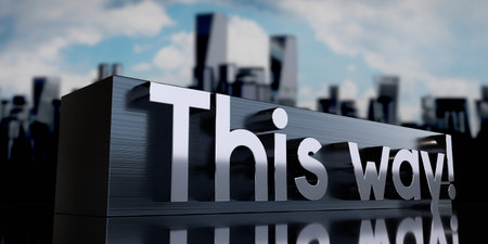 This way! - metal cuboid and skyscrapers - 3D illustration
