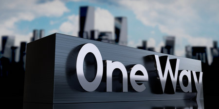 One way - metal cuboid and skyscrapers - 3D illustrationの写真素材