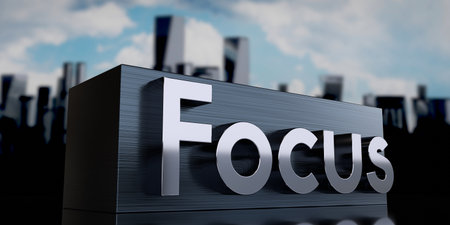 Focus - metal cuboid and skyscrapers - 3D illustrationの写真素材