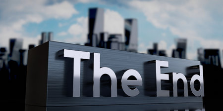 The end - metal cuboid and skyscrapers - 3D illustrationの写真素材