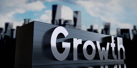 Growth - metal cuboid and skyscrapers - 3D illustration