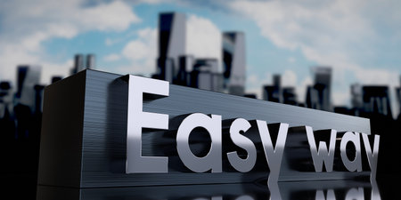 Easy way - metal cuboid and skyscrapers - 3D illustration