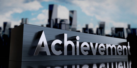 Achievement - metal cuboid and skyscrapers - 3D illustration