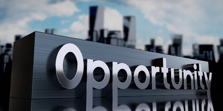 Opportunity - metal cuboid and skyscrapers - 3D illustrationの写真素材