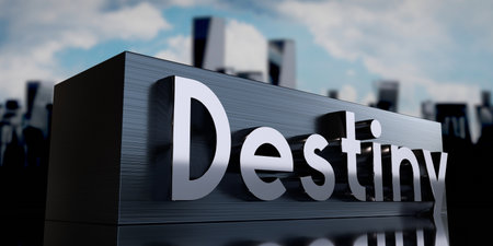 Destiny - metal cuboid and skyscrapers - 3D illustrationの写真素材