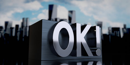 OK - metal cuboid and skyscrapers - 3D illustrationの写真素材