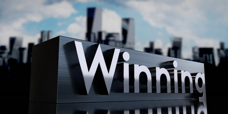 Winning - metal cuboid and skyscrapers - 3D illustrationの写真素材