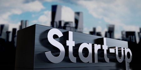 Start-up - metal cuboid and skyscrapers - 3D illustrationの写真素材