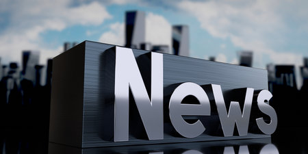 News - metal cuboid and skyscrapers - 3D illustrationの写真素材