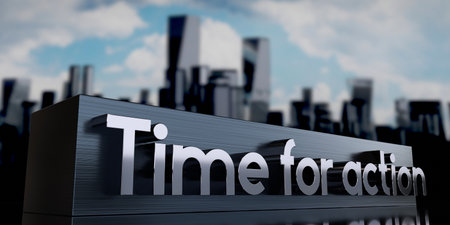 Time for action - metal cuboid and skyscrapers - 3D illustrationの写真素材