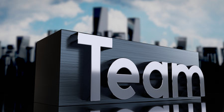 Team - metal cuboid and skyscrapers - 3D illustrationの写真素材