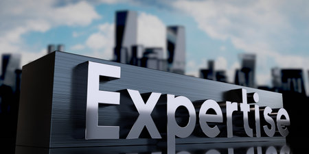 Expertise - metal cuboid and skyscrapers - 3D illustrationの写真素材