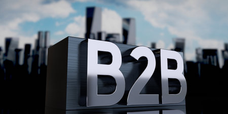 B2B, Business to Business - metal cuboid and skyscrapers - 3D illustrationの写真素材