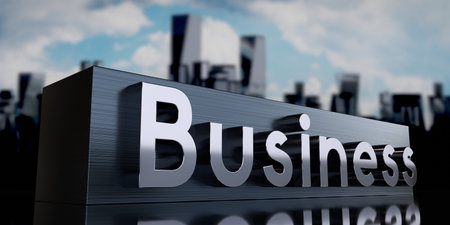 Business - metal cuboid and skyscrapers - 3D illustrationの写真素材