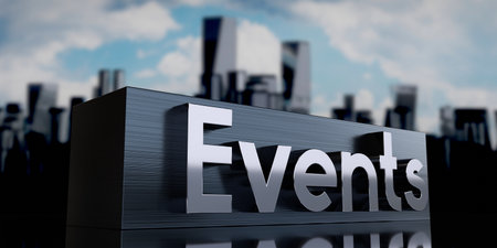 Events - metal cuboid and skyscrapers - 3D illustrationの写真素材