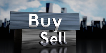 Buy, sell - metal blocks and skyscrapers - 3D illustrationの写真素材
