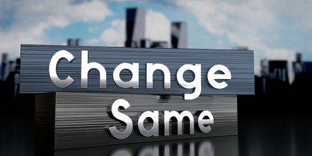 Change, same - metal blocks and skyscrapers - 3D illustrationの写真素材