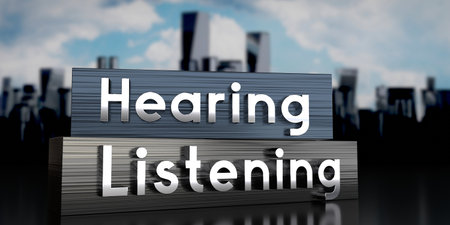 Hearing, listening - metal blocks and skyscrapers - 3D illustrationの写真素材