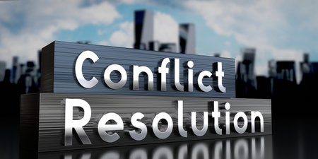 Conflict, resolution - metal blocks and skyscrapers - 3D illustrationの写真素材