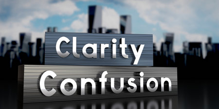Clarity, confusion - metal blocks and skyscrapers - 3D illustrationの写真素材