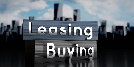 Leasing, buying - metal blocks and skyscrapers - 3D illustration