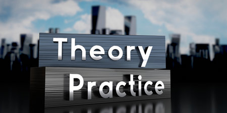 Theory, practice  - metal blocks and skyscrapers - 3D illustrationの写真素材