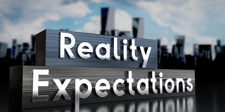 Reality, expectations - metal blocks and skyscrapers - 3D illustrationの写真素材