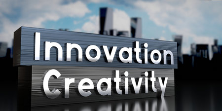 Innovation, creativity - metal blocks and skyscrapers - 3D illustrationの写真素材
