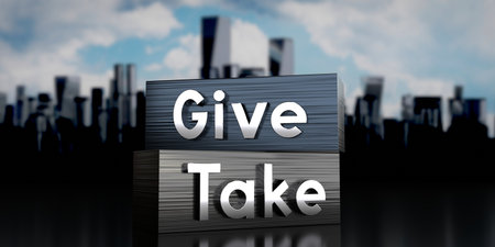 Give, take - metal blocks and skyscrapers - 3D illustrationの写真素材