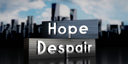 Hope, despair - metal blocks and skyscrapers - 3D illustrationの写真素材