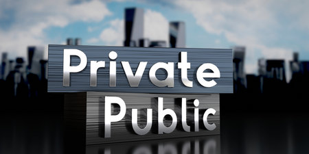 Private, public - metal blocks and skyscrapers - 3D illustrationの写真素材