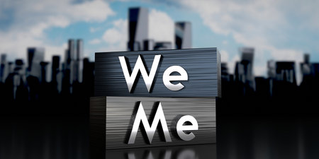 We, me - metal blocks and skyscrapers - 3D illustrationの写真素材