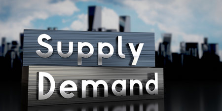 Supply, demand - metal blocks and skyscrapers - 3D illustrationの写真素材