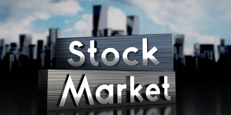 Stock market - metal blocks and skyscrapers - 3D illustrationの写真素材