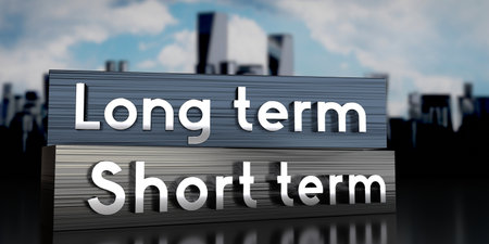 Short term, long term - metal blocks and skyscrapers - 3D illustrationの写真素材