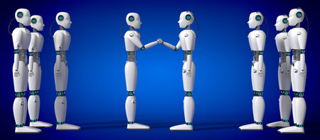 Humanoid robots shaking hands - 3D illustrationの写真素材