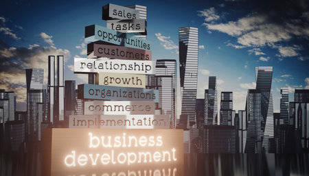 Business development concept - block shapes and skyscrapers - 3D illustrationの写真素材