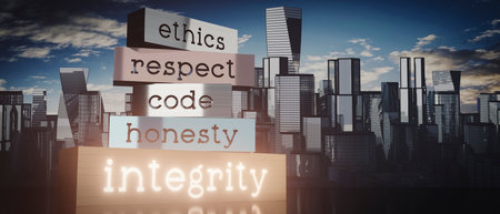 Integrity concept - block shapes and skyscrapers - 3D illustrationの写真素材