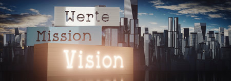 Werte, Mission, Vision (German), Values, Mission, Vision (English) - block shapes and glow effect - 3D illustrationの写真素材
