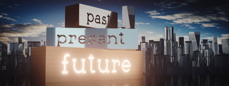 Past, present, future - block shapes and skyscrapers - 3D illustrationの写真素材