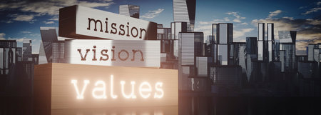 Mission, vision, values - block shapes and skyscrapers - 3D illustrationの写真素材