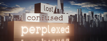 Lost, confused, perplexed - block shapes and skyscrapers - 3D illustrationの写真素材