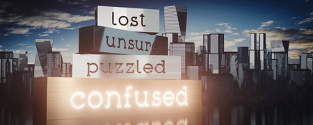 Confused concept - block shapes and skyscrapers - 3D illustrationの写真素材