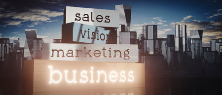 Sales, vision, marketing, business - block shapes and skyscrapers - 3D illustrationの写真素材