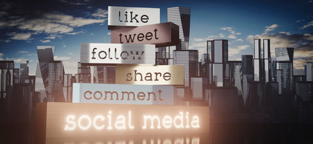 Like, tweet, follow, share, comment, social media - block shapes and skyscrapers - 3D illustrationの写真素材