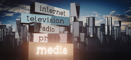 Internet, television, radio, press, media - block shapes and skyscrapers - 3D illustrationの写真素材