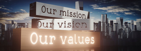 Our mission, our vision, our values - block shapes and skyscrapers - 3D illustrationの写真素材
